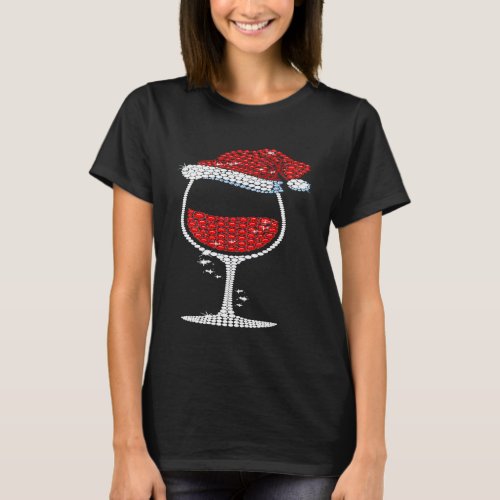 Glass of wine Christmas Santa hat T_Shirt