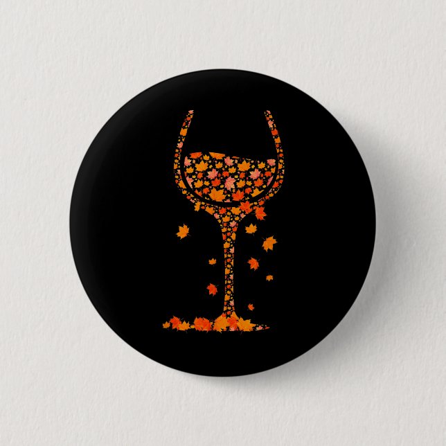 Glass Of Wine Maple Leaf Autumn Fall Funny Drink W Button (Front)