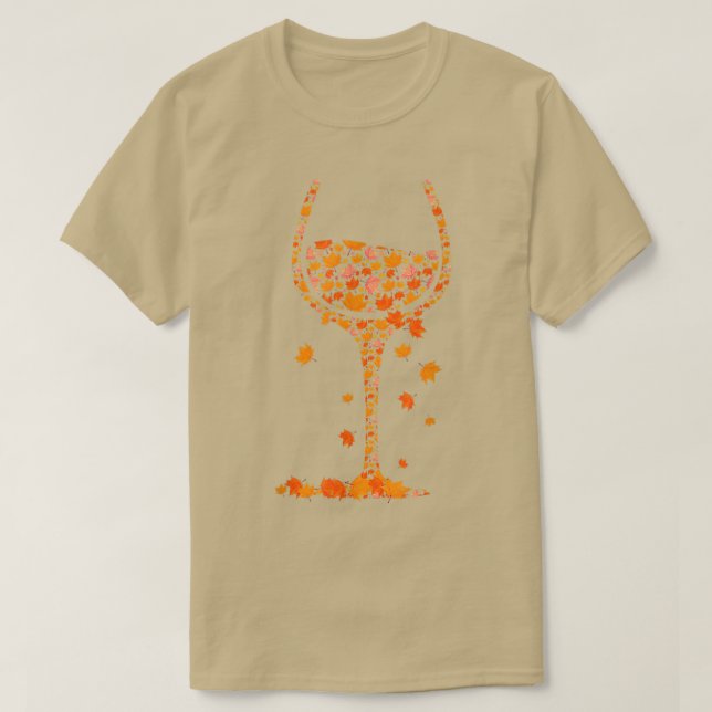 Glass of Wine Maple Leaf Autumn Fall Funny Drink W T-Shirt (Design Front)