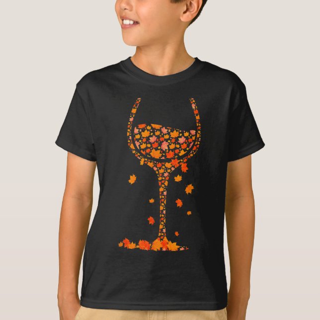 Glass Of Wine Maple Leaf Autumn Fall Funny Drink W T-Shirt (Front)