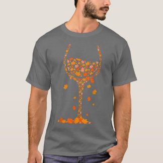 Glass Of Wine Maple Leaf Autumn Fall Funny Drink W T-Shirt