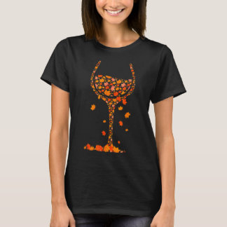 Glass Of Wine Maple Leaf Autumn Fall Funny Drink W T-Shirt