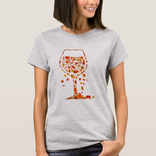 Glass of Wine Maple Leaves Fall Funny Drink T_Shirt