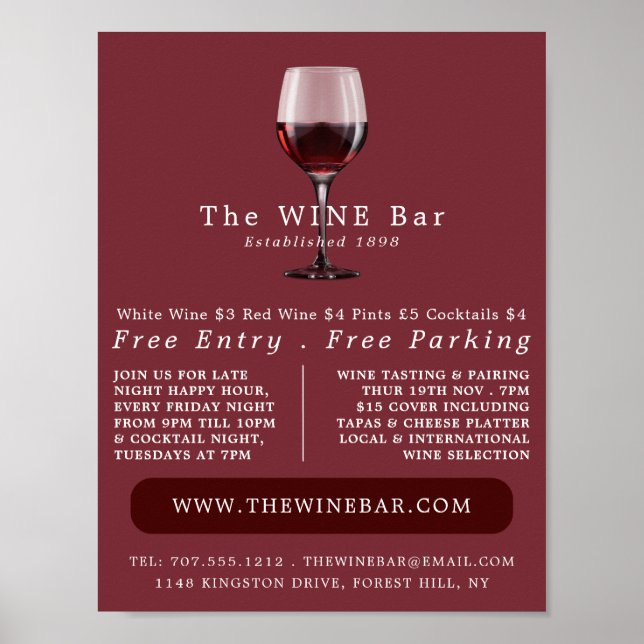 Glass of Wine, Wine Bar/Winery Advertising Poster (Front)