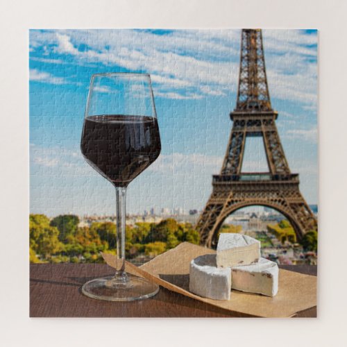 Glass of wine with brie cheese on Eiffel tower Jigsaw Puzzle
