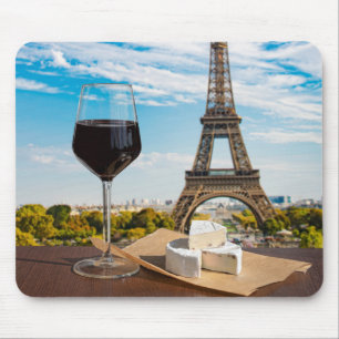 Glass of wine with brie cheese on Eiffel tower Mouse Pad