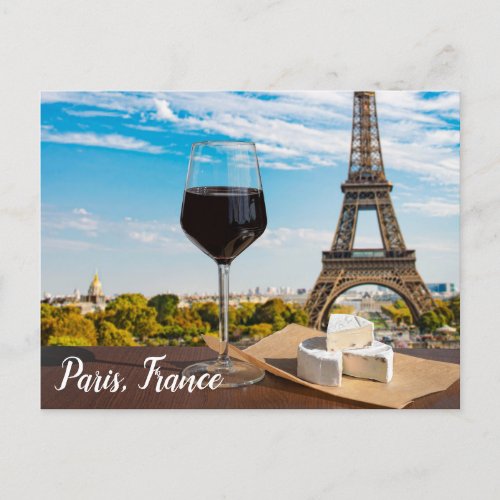 Glass of wine with brie cheese on Eiffel tower Pos Postcard