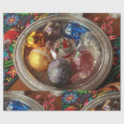 Glass ornaments in silver box with folk art wrapping paper