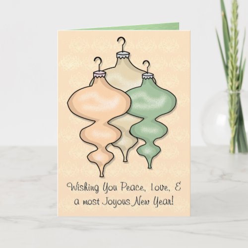Glass Ornaments on Peach Damask Personalized Holiday Card