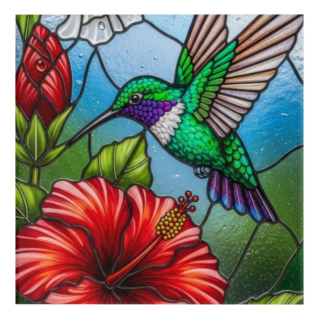 Glass Patchwork Hummingbird Garden Floral Mosaic Acrylic Print (Front)
