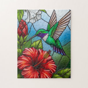 Glass Patchwork Hummingbird Garden Floral Mosaic Jigsaw Puzzle