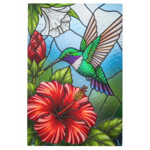 Glass Patchwork Hummingbird Garden Floral Mosaic Metal Print
