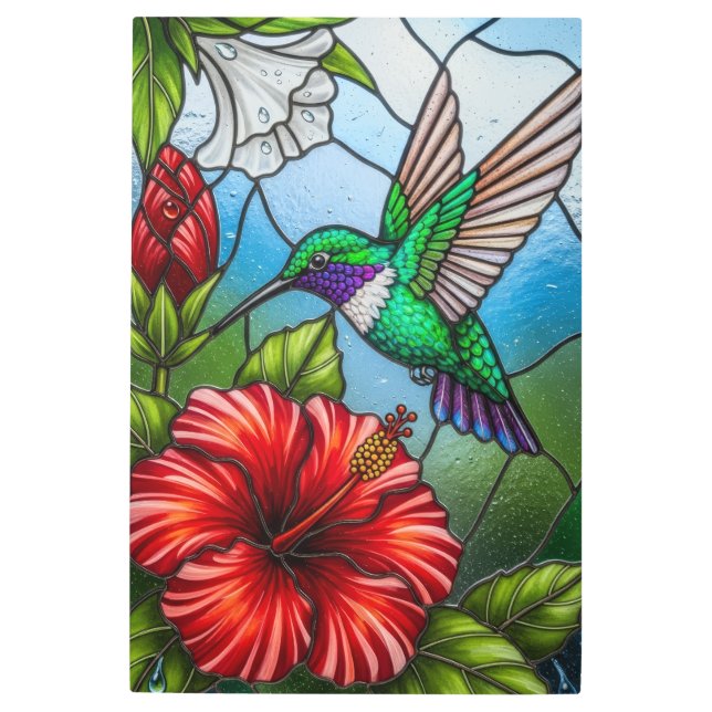 Glass Patchwork Hummingbird Garden Floral Mosaic Metal Print (Front)