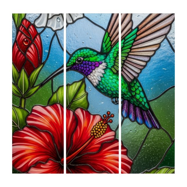 Glass Patchwork Hummingbird Garden Floral Mosaic Triptych (Front)