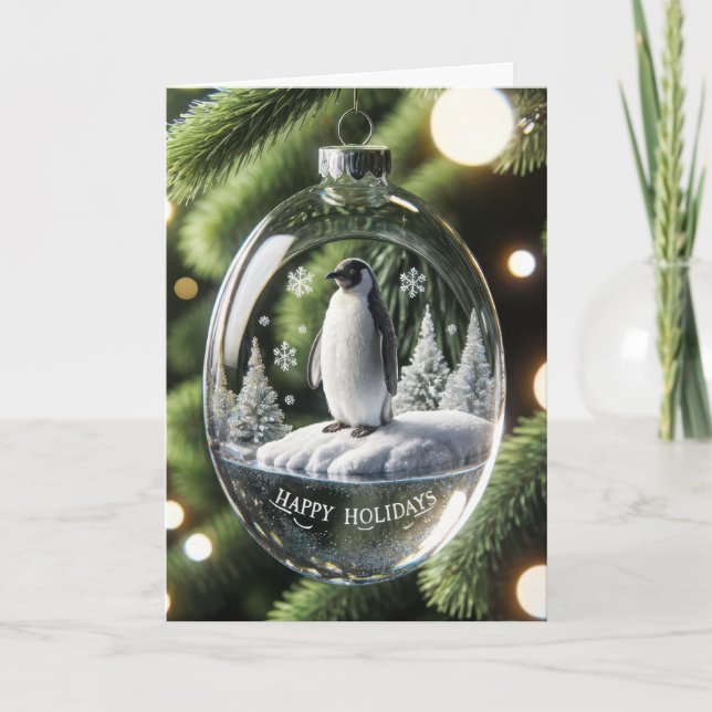 Glass Penguin Christmas Ornament Holiday Card (Front)