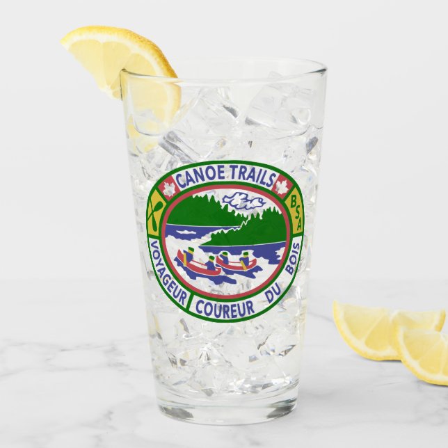 Glass Pint Glass with Canoe Trails Coed Patch (Front Ice)