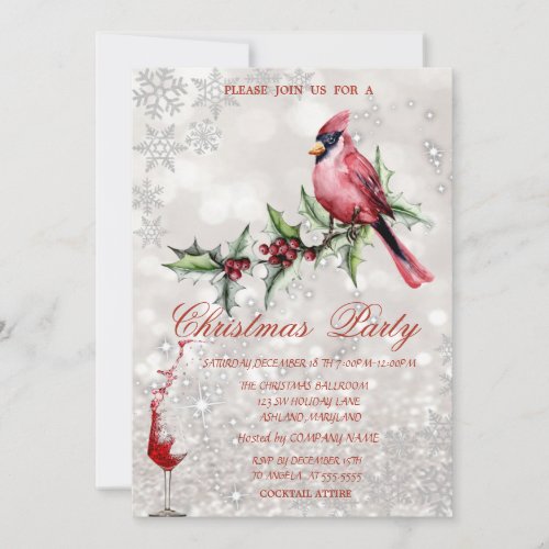 Glass Red Cardinal Holly Berry Bokeh Christmas Invitation