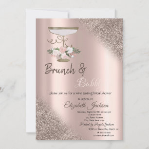 Glass,Rose Gold Glitter Bokeh Brunch & Bubbly Invitation