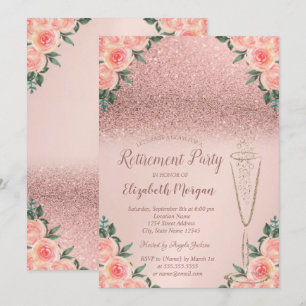 Glass Rose Gold Glitter Bokeh Floral Retirement Invitation
