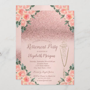 Glass Rose Gold Glitter Bokeh Floral Retirement Invitation