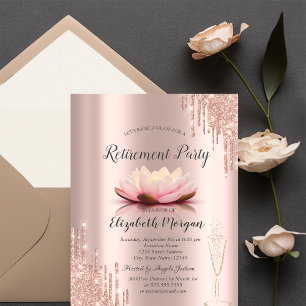 Glass Rose Gold Glitter Drips Lotus Retirement Invitation