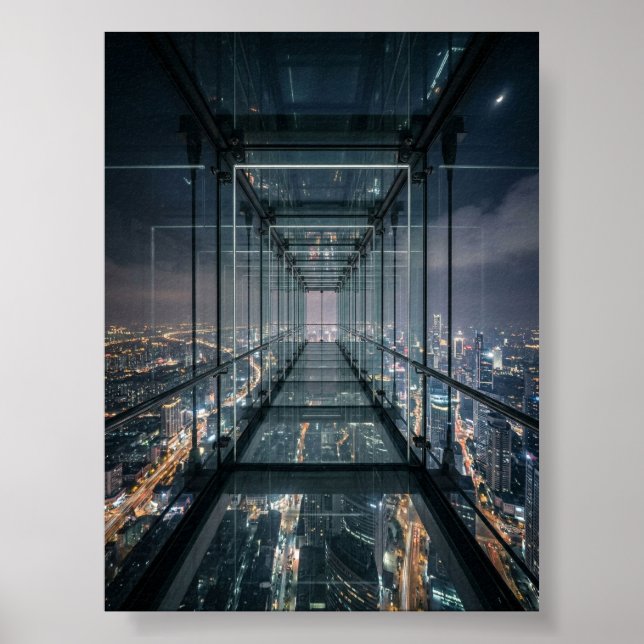 Glass Skywalk Over Neon City Poster (Front)