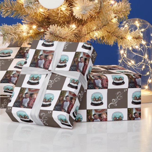Glass Snowball Village Brown Christmas Photo Wrapping Paper (Holidays)