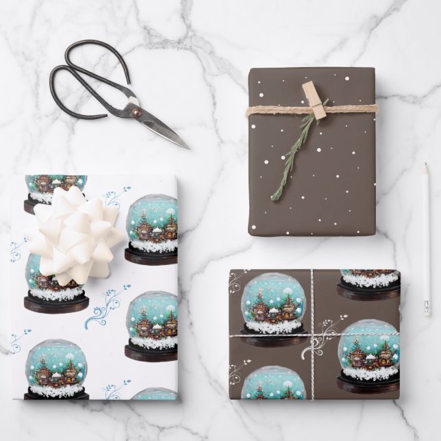 Glass Snowball Winter Village Brown Christmas Wrapping Paper Sheets (Front)
