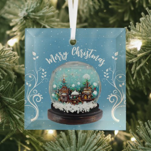 Glass Snowball Winter Village Snowflakes Blue  Glass Ornament