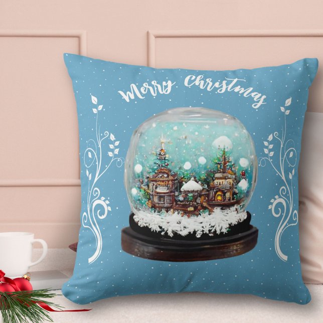 Glass Snowball Winter Village Snowflakes Blue Throw Pillow (Creator Uploaded)