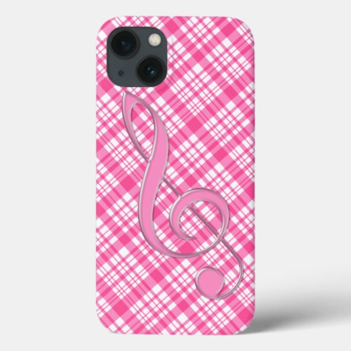 Glass Style Treble Clef Pink Plaid iPhone 13 Case