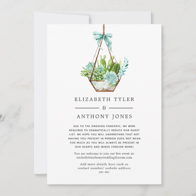Glass Terrarium Succulents Reduced Guest List Announcement (Front)