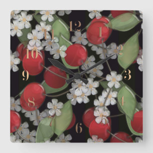 Glass tile 3D liquid cherry and flowers bloom Square Wall Clock