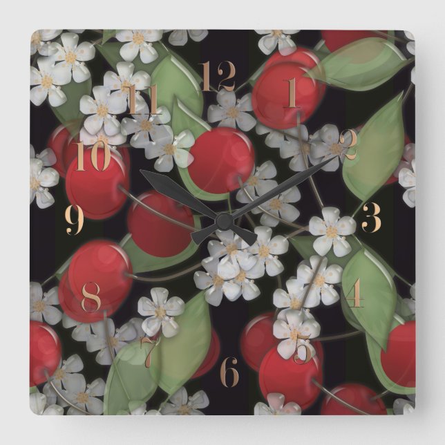 Glass tile 3D liquid cherry and flowers bloom Square Wall Clock (Front)
