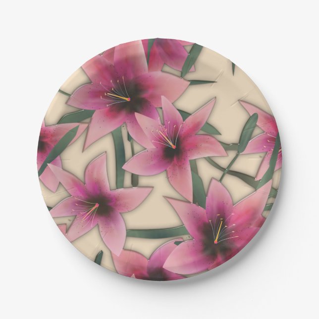 Glass tile 3D liquid lily flowers bloom Paper Plates (Front)