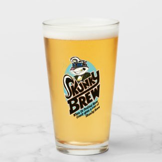 Glass tumbler with the Skunky Brew logo
