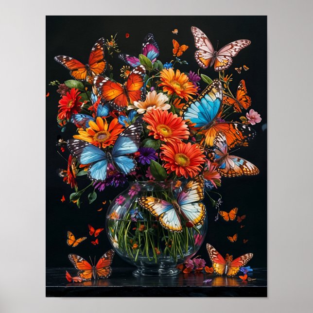 Glass vase with colorful butterflies and flowers. poster (Front)