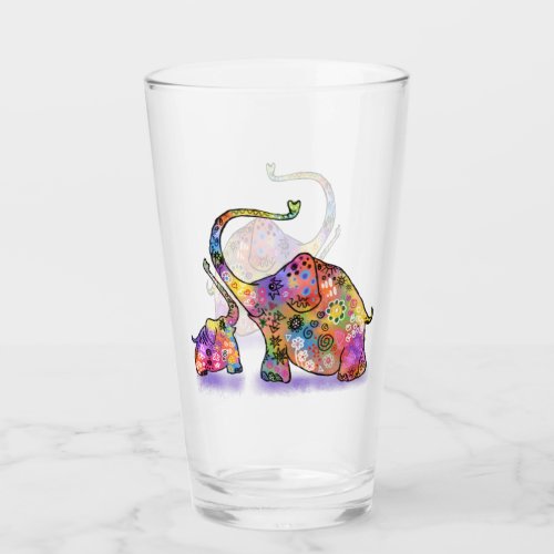 Glass with Colorful Mother and Baby Elephant