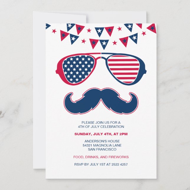 Glasses and Mustache 4th Of July Invitations (Front)