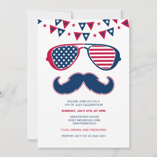 Glasses and Mustache 4th Of July Invitations
