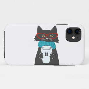 Glasses cat holding a cup of coffee iPhone 11 case