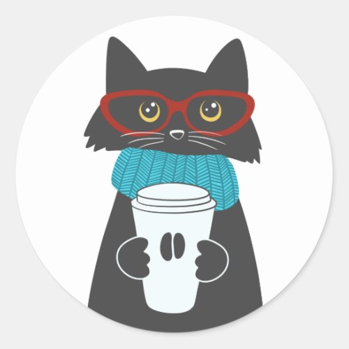 Glasses cat holding a cup of coffee classic round sticker
