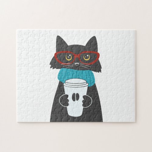 Glasses cat holding a cup of coffee jigsaw puzzle