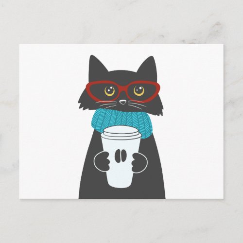 Glasses cat holding a cup of coffee postcard