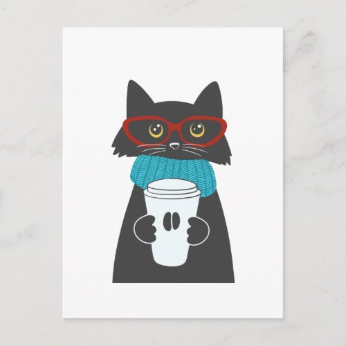 Glasses cat holding a cup of coffee postcard