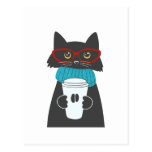 Glasses cat holding a cup of coffee postcard