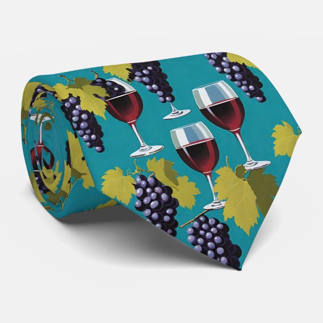 Glasses Of Red Wine And Purple Grapes Teal Neck Tie (Rolled)
