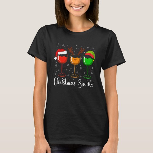 Glasses Of Wine Christmas Spirits Xmas Lights Elf  T-Shirt (Front)