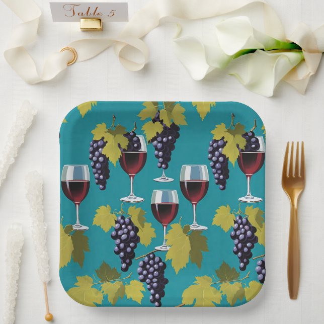 Glasses Of Wine With Grapes On Teal Background Paper Plates (Wedding)