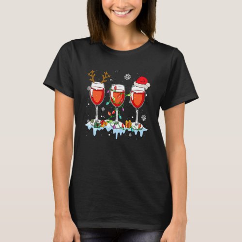 Glasses Of Wine Xmas Light Reindeer Santa Hat Drin T_Shirt